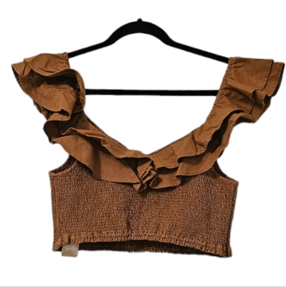 Beige Anthropologie Maeve Women's Ruffled Smocked Crop Top - Picture 2 of 7